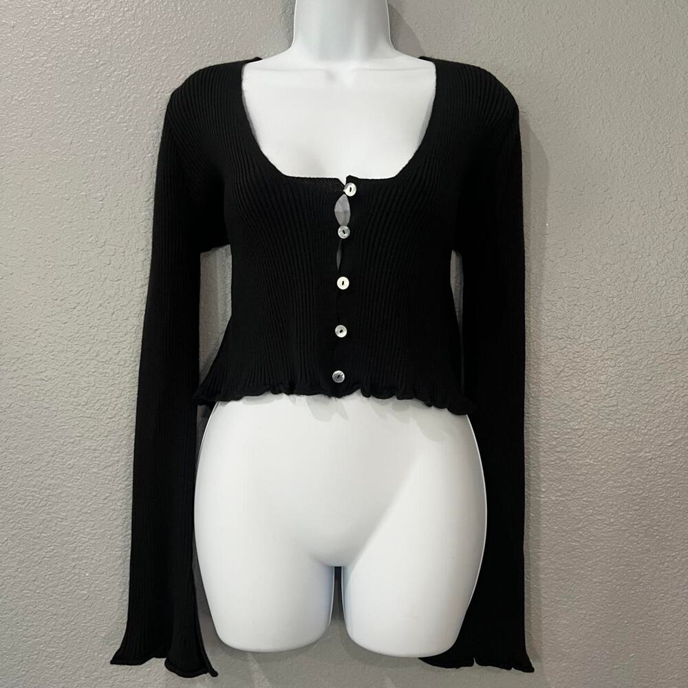 Nasty Gal Black Ribbed V-Neck Flare Sleeve Cardigan